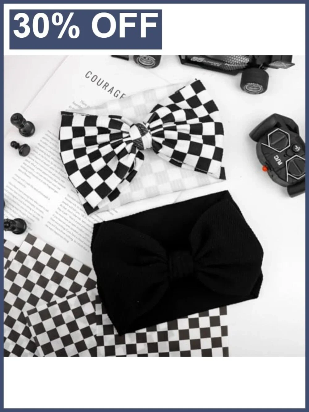 Set of 2 Black and White Checkered Waffle Baby Headbands with Large Bows